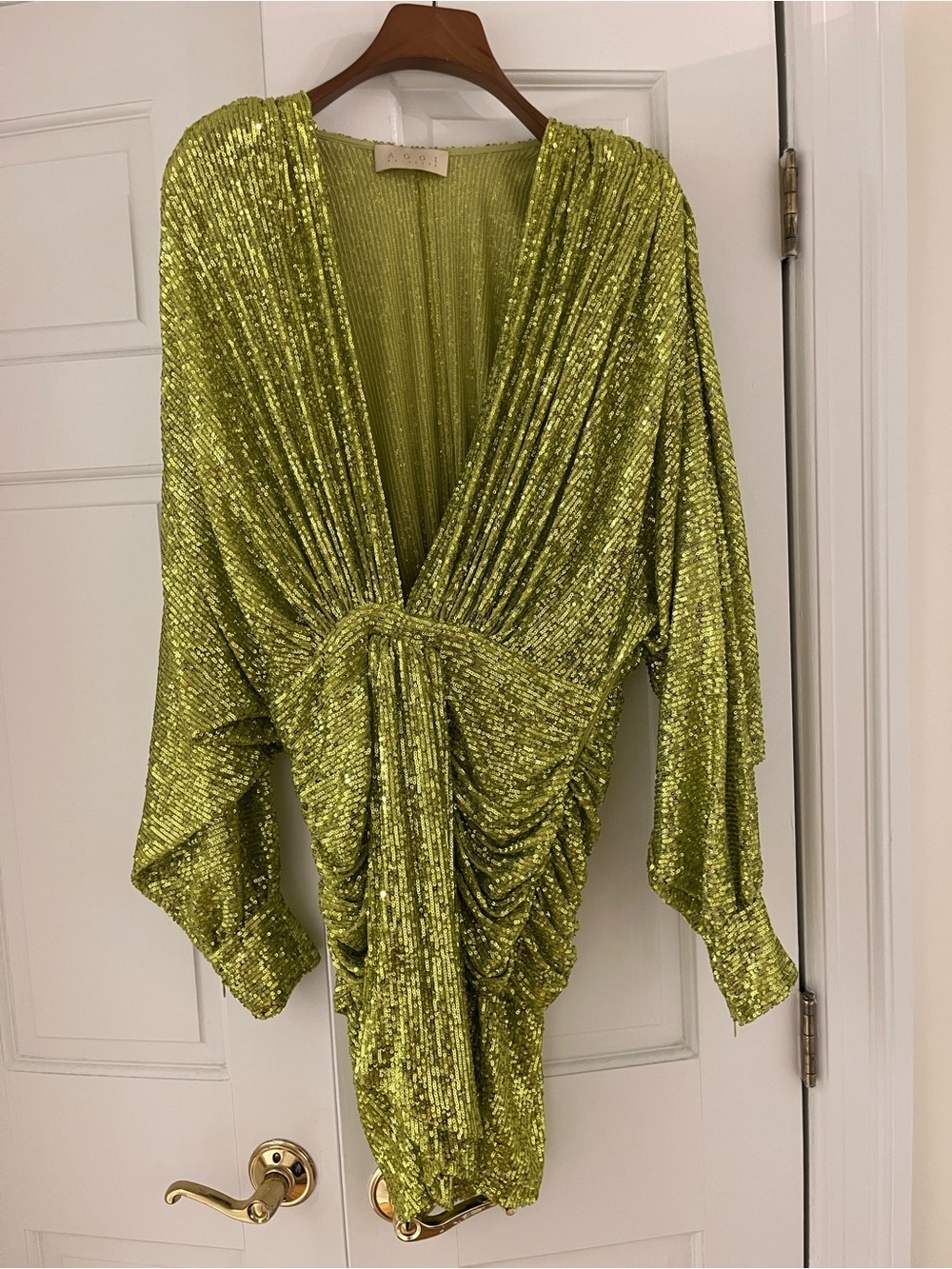 Sequined Lime Green Ruched Mini Dress - Women